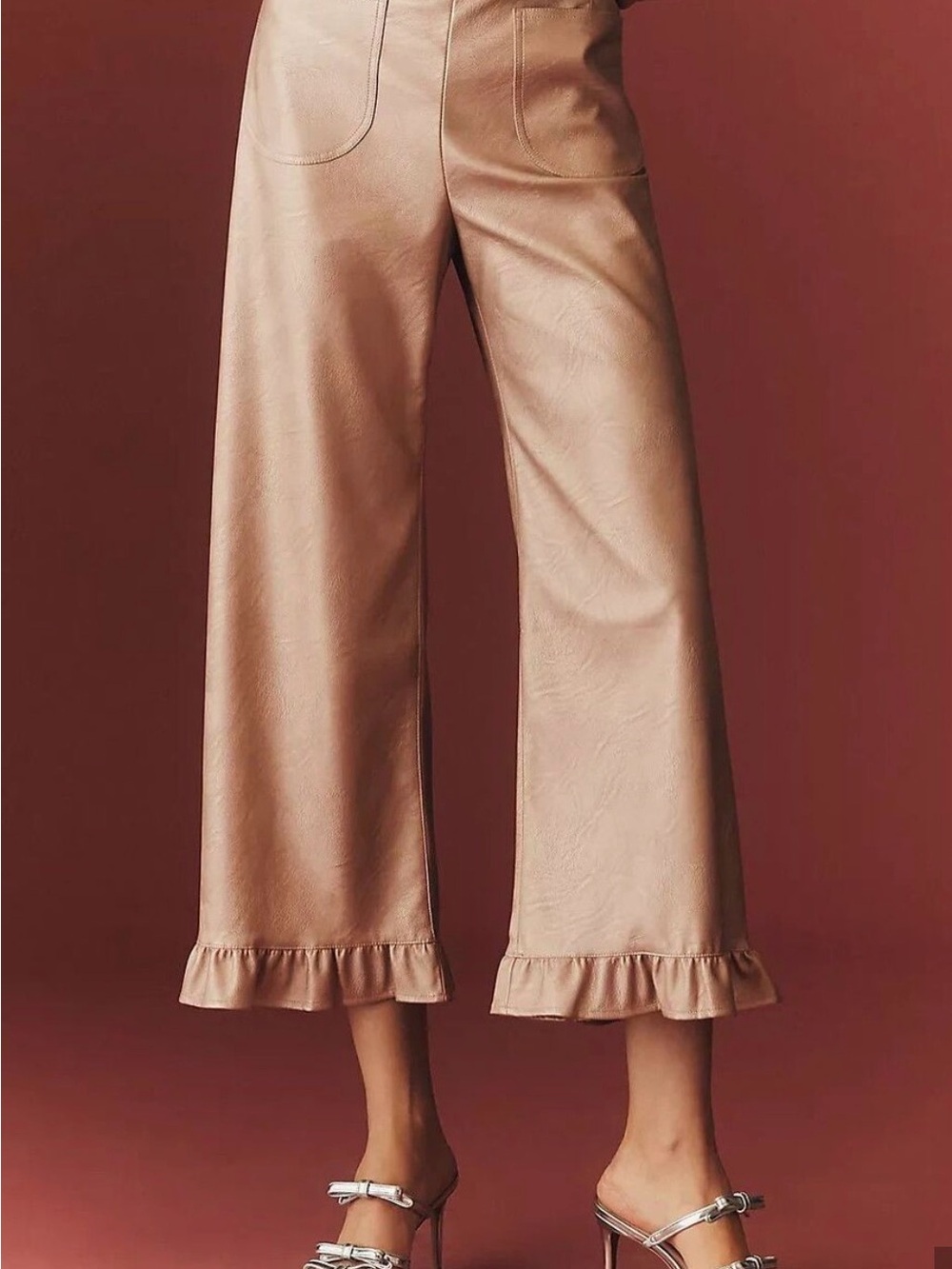 Anthropologie High-Rise Wide-Leg Ruffle Hem Pants — Blush Taupe
